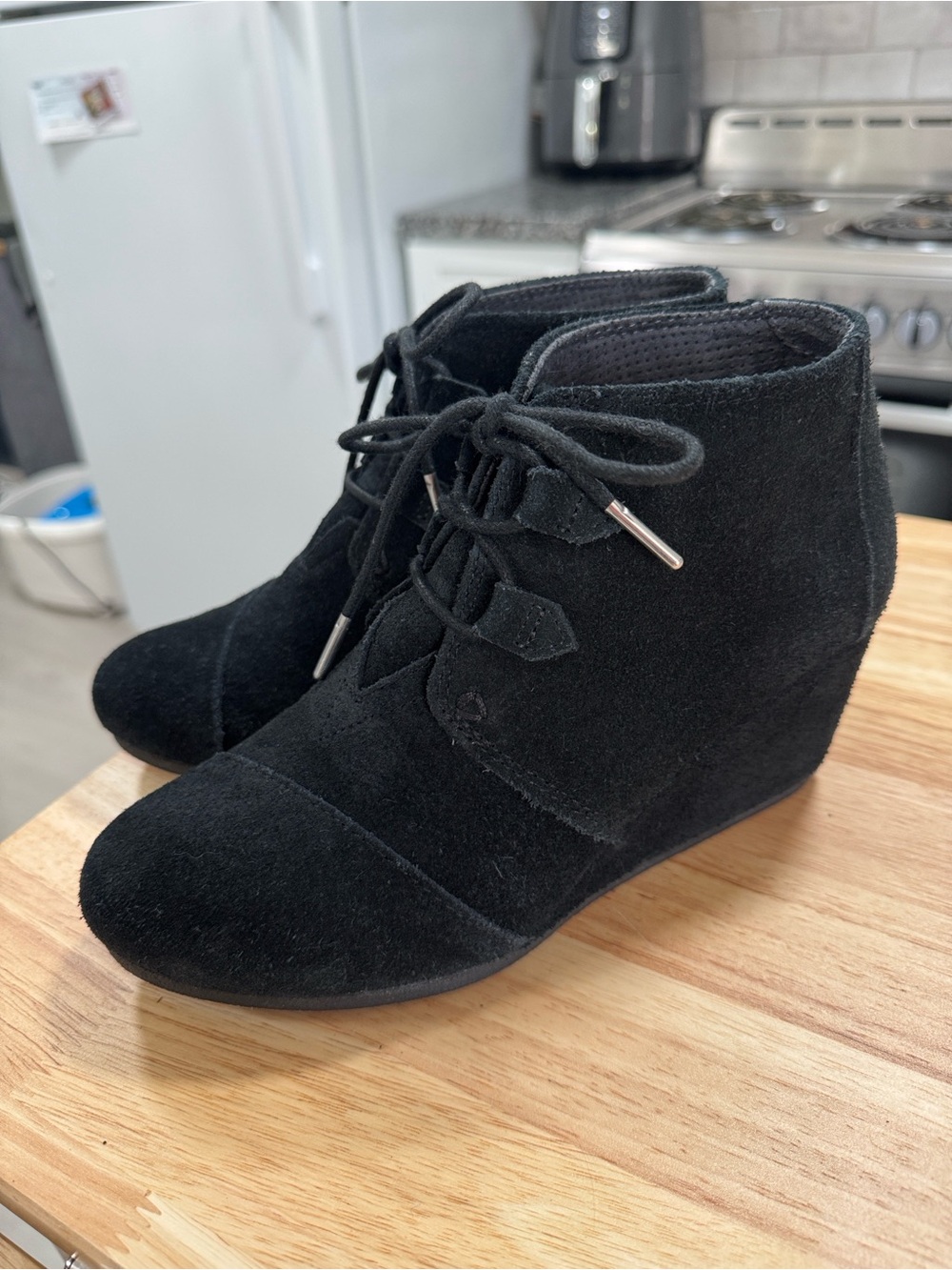 Toms Black Suede Wedge Ankle Booties - Lace-Up